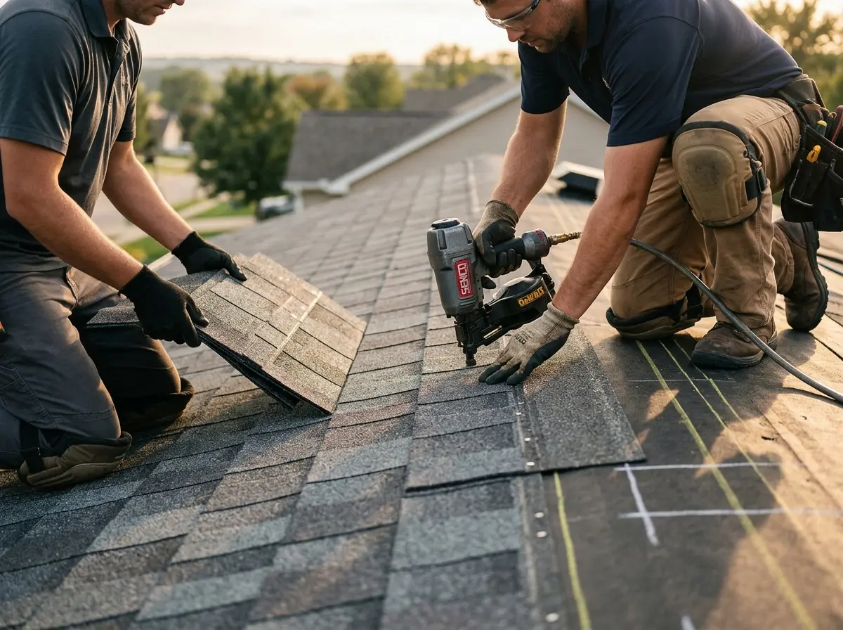Professional roofer working on a residential roof in Ridge Wood Heights